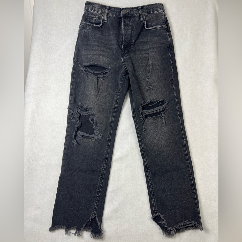 Free People Maggie Mid Rise Distressed Wide Leg Black Denim Jeans Size 27‎